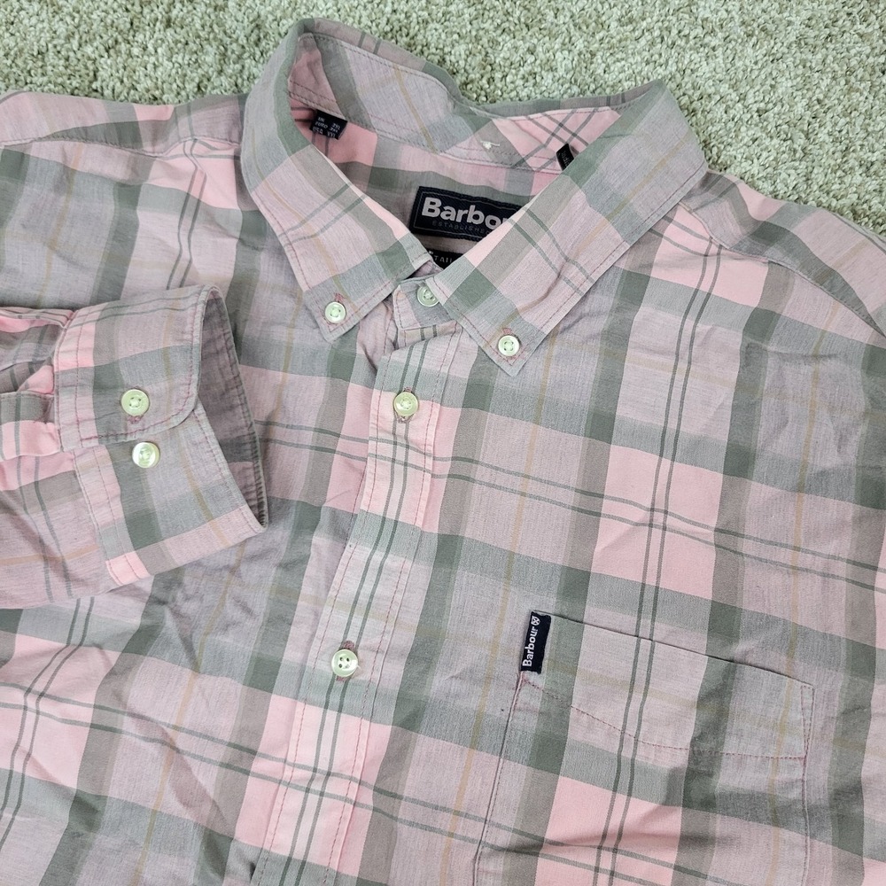 Barbour Tailored Fit Mens 2XL Pink Plaid Button Down Long Sleeve